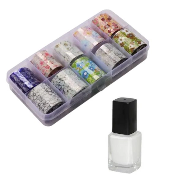 Sada ozdobných fólií na nechty - 10ks + lepidlo